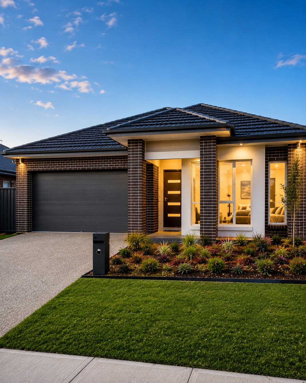 Modern single-storey home with dark roof and brick accents