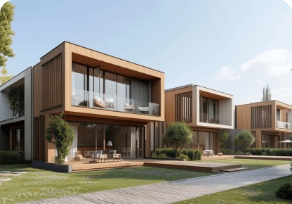 Modern residential buildings with wooden facades
